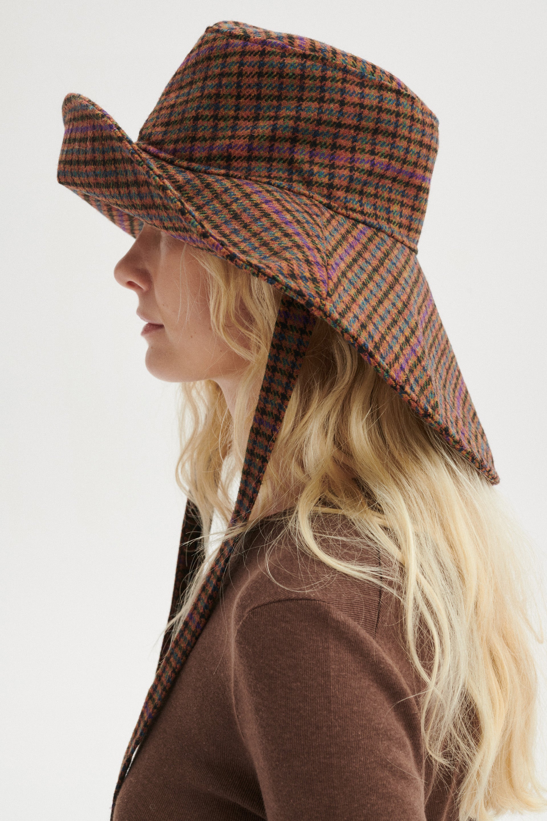 Tie-Up Checked Wool Hat